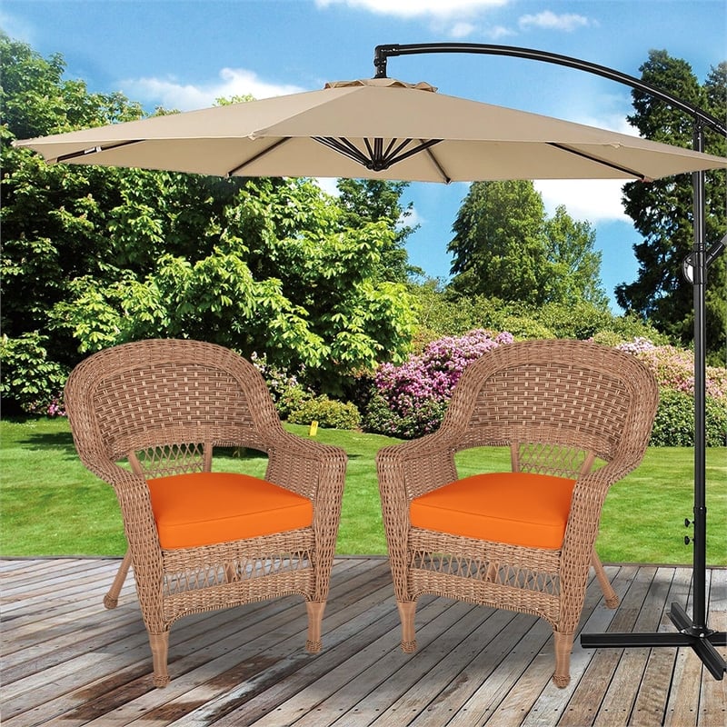 Jeco Wicker Chair in Honey with Orange Cushion (Set of 2)