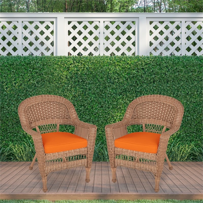 Jeco Wicker Chair in Honey with Orange Cushion (Set of 2)