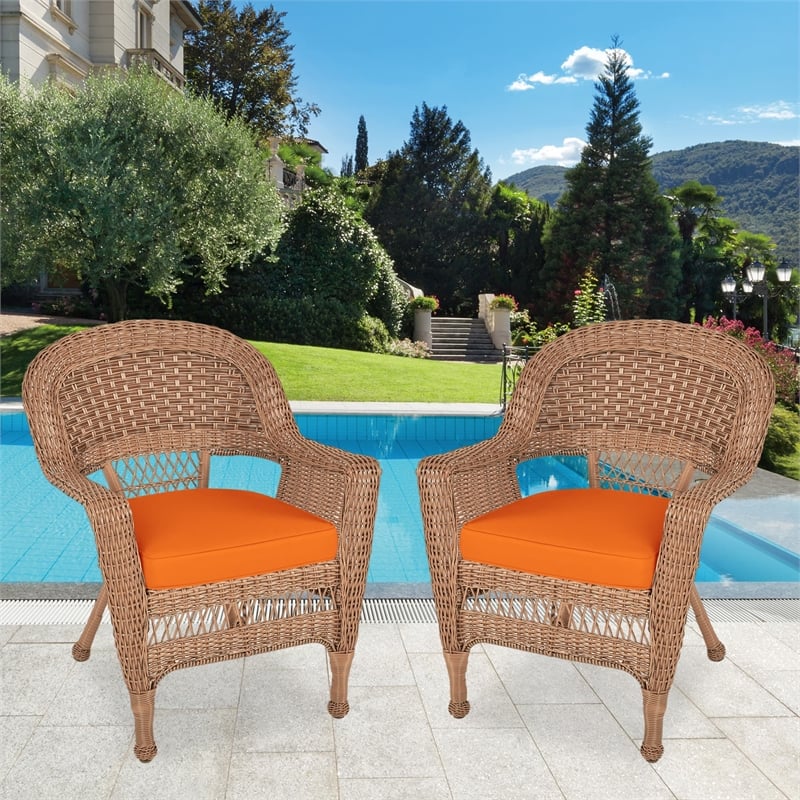 Jeco Wicker Chair in Honey with Orange Cushion (Set of 2)