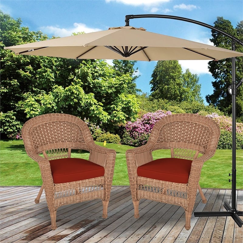 Jeco Wicker Chair in Honey with Red Cushion (Set of 2)