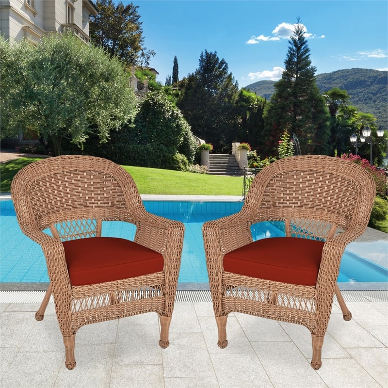 Jeco Wicker Chair in Honey with Red Cushion (Set of 2)