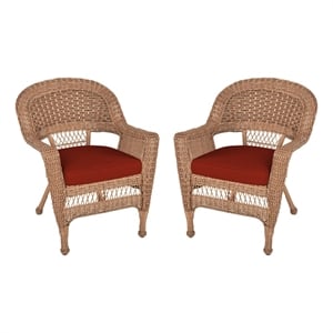 Jeco Wicker Chair in Honey with Red Cushion (Set of 2)