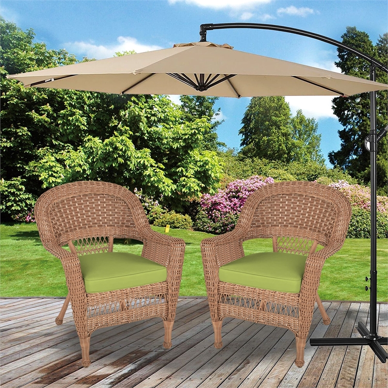 Jeco Wicker Chair in Honey with Green Cushion (Set of 2)