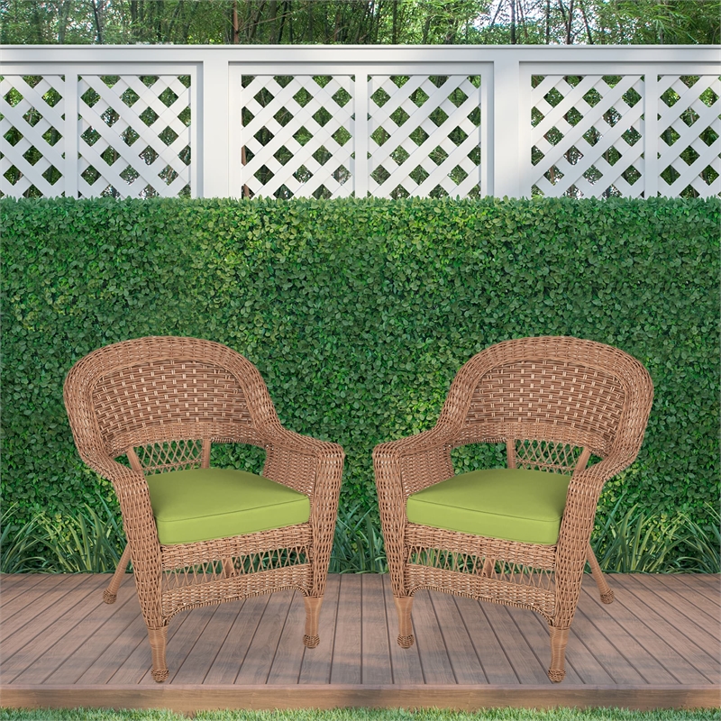Jeco Wicker Chair in Honey with Green Cushion (Set of 2)