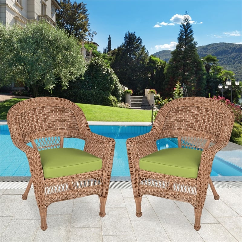 Jeco Wicker Chair in Honey with Green Cushion (Set of 2)