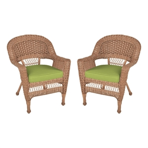 Jeco Wicker Chair in Honey with Green Cushion (Set of 2)