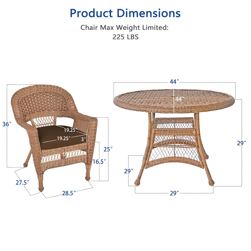 Jeco 5 Piece Wicker Patio Dining Set in Honey and Brown