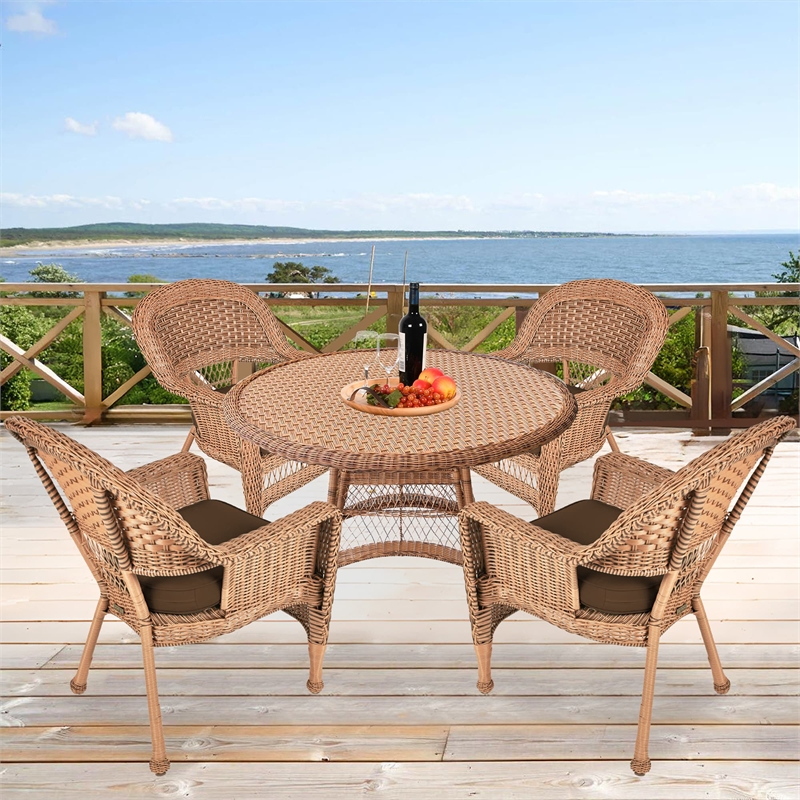 Jeco 5 Piece Wicker Patio Dining Set in Honey and Brown