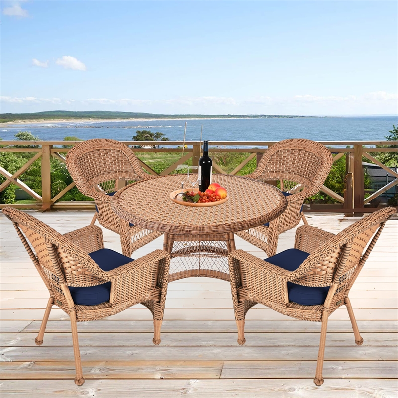 Jeco 5 Piece Wicker Patio Dining Set in Honey and Blue