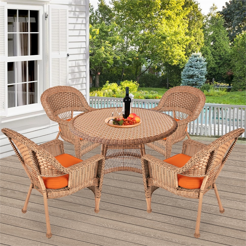 Jeco 5 Piece Wicker Patio Dining Set in Honey and Orange