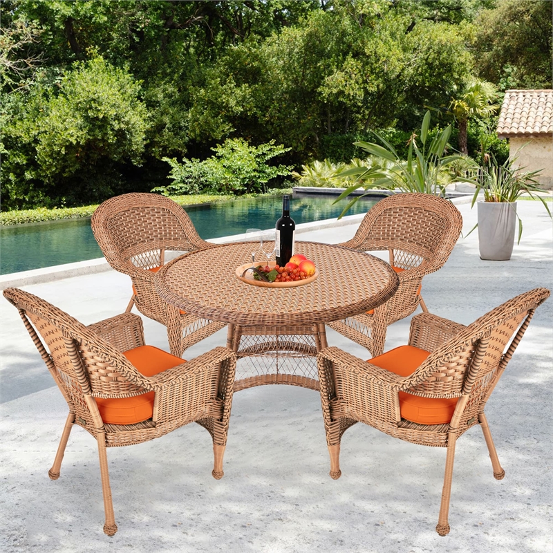 Jeco 5 Piece Wicker Patio Dining Set in Honey and Orange