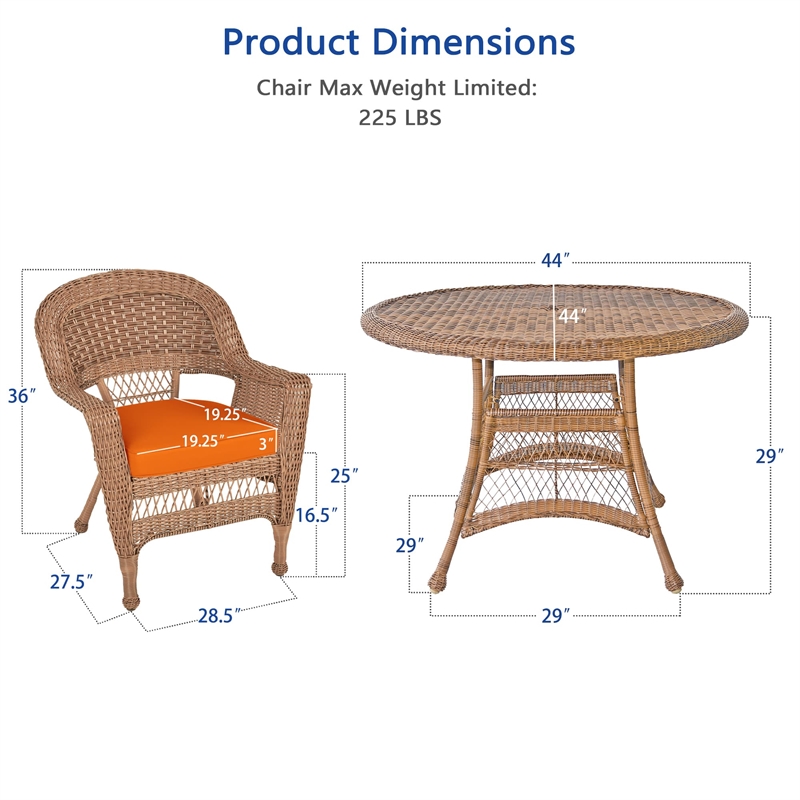 Jeco 5 Piece Wicker Patio Dining Set in Honey and Orange