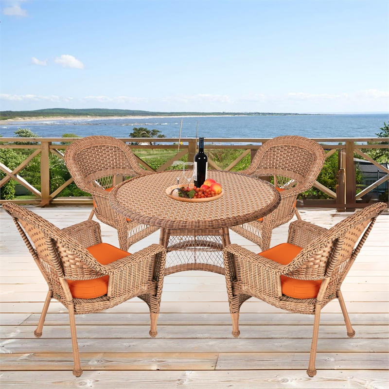 Jeco 5 Piece Wicker Patio Dining Set in Honey and Orange