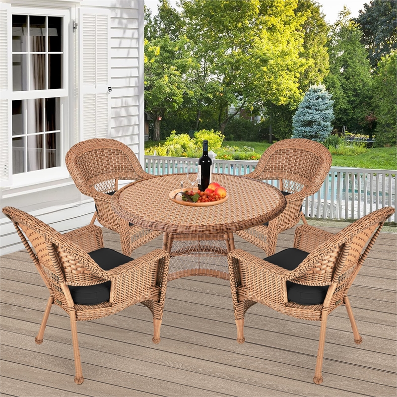 Jeco 5 Piece Resin Wicker Outdoor Patio Dining Set in Honey with Black Cushion