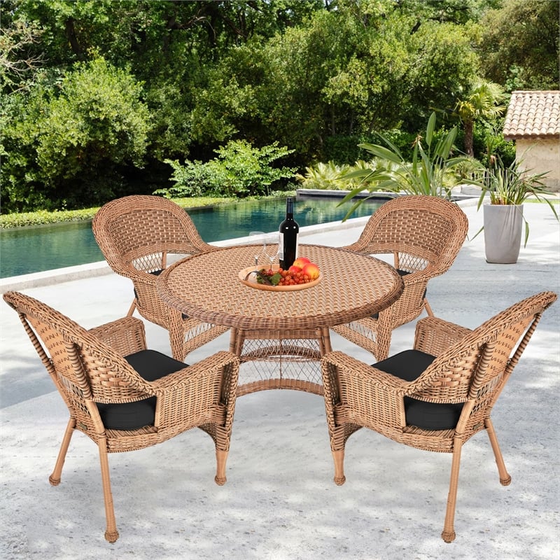 Jeco 5 Piece Resin Wicker Outdoor Patio Dining Set in Honey with Black Cushion