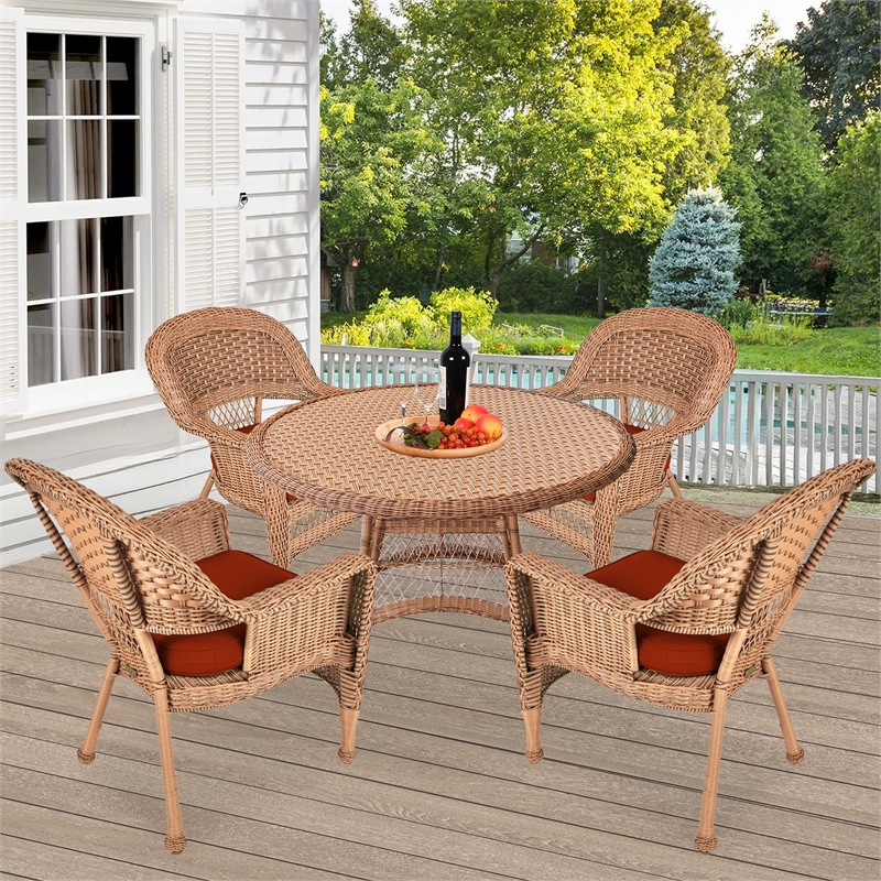Jeco 5 Piece Wicker Patio Dining Set in Honey and Red