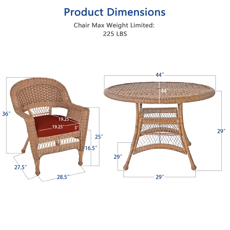 Jeco 5 Piece Wicker Patio Dining Set in Honey and Red