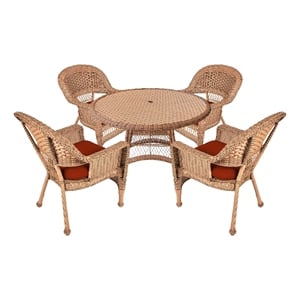 Jeco 5 Piece Wicker Patio Dining Set in Honey and Red