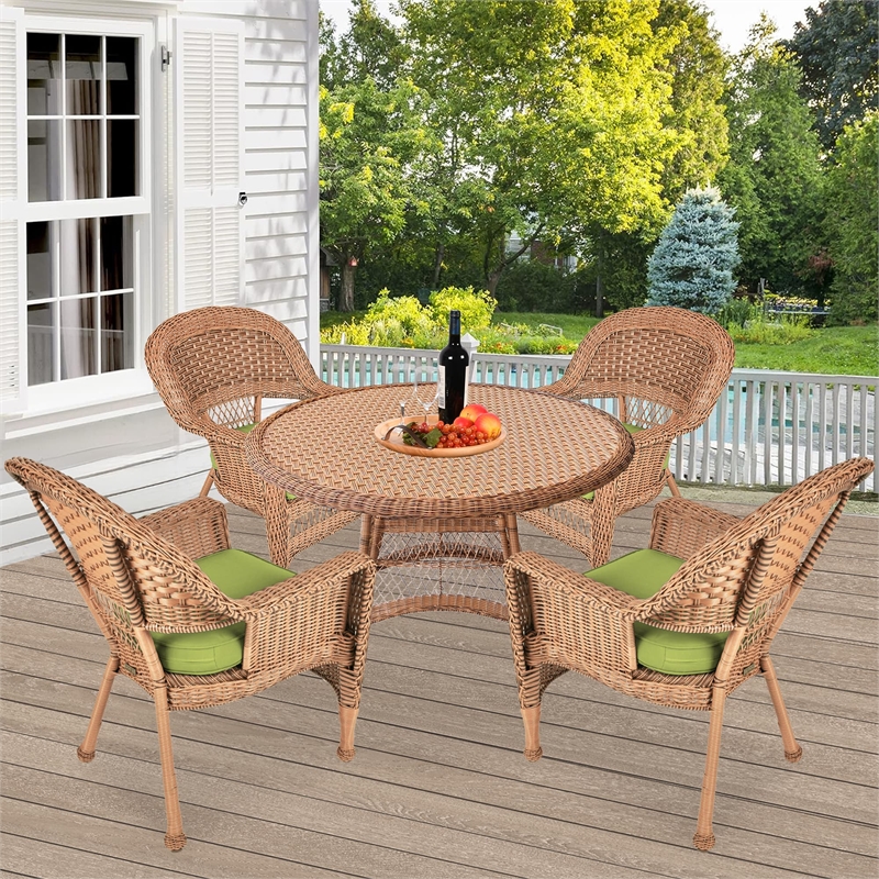 Jeco 5 Piece Resin Wicker Outdoor Patio Dining Set in Honey w/Sage Green Cushion