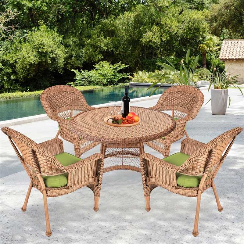 Jeco 5 Piece Resin Wicker Outdoor Patio Dining Set in Honey w/Sage Green Cushion