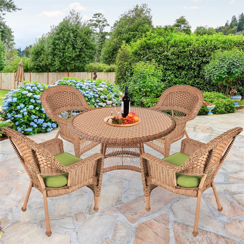 Jeco 5 Piece Resin Wicker Outdoor Patio Dining Set in Honey w/Sage Green Cushion