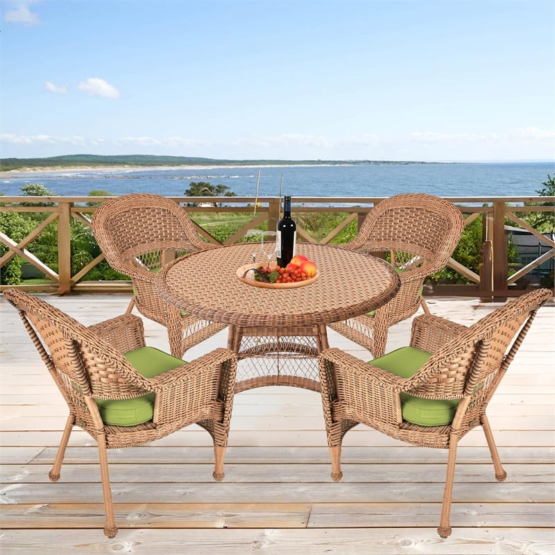 Jeco 5 Piece Resin Wicker Outdoor Patio Dining Set in Honey w/Sage Green Cushion