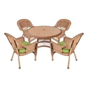 Jeco 5 Piece Resin Wicker Outdoor Patio Dining Set in Honey w/Sage Green Cushion