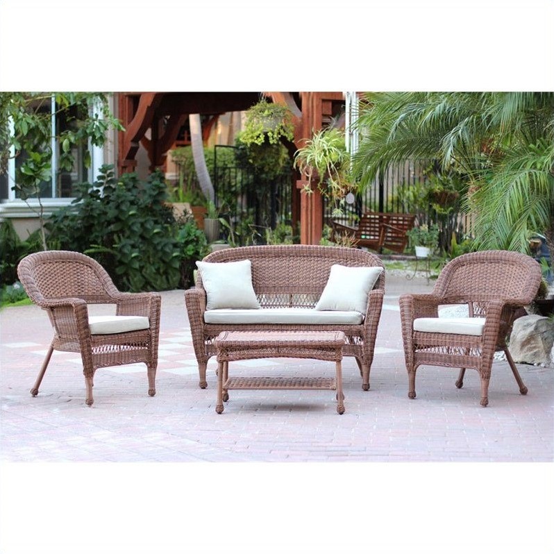 Jeco 4pc Wicker Conversation Set in Honey with Tan Cushions