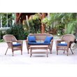 Jeco 4pc Wicker Conversation Set in Honey with Navy Blue Cushions