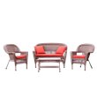 Jeco 4pc Wicker Conversation Set in Honey with Red Orange Cushions