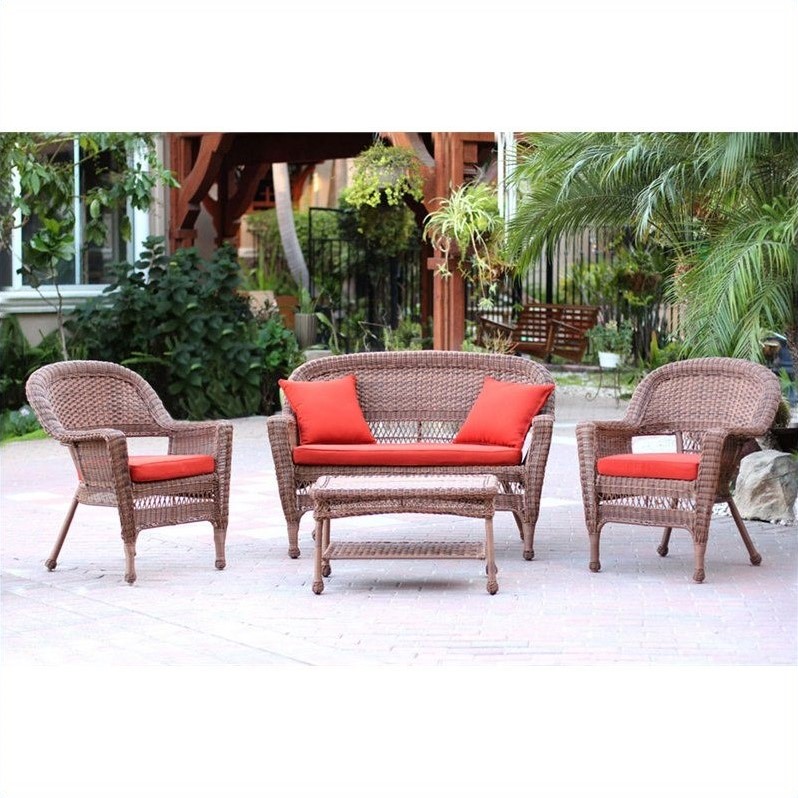 Jeco 4pc Wicker Conversation Set In Honey With Red Orange Cushions Jeco 4pc Wicker Conversation Set In Honey With Red Orange Cushions