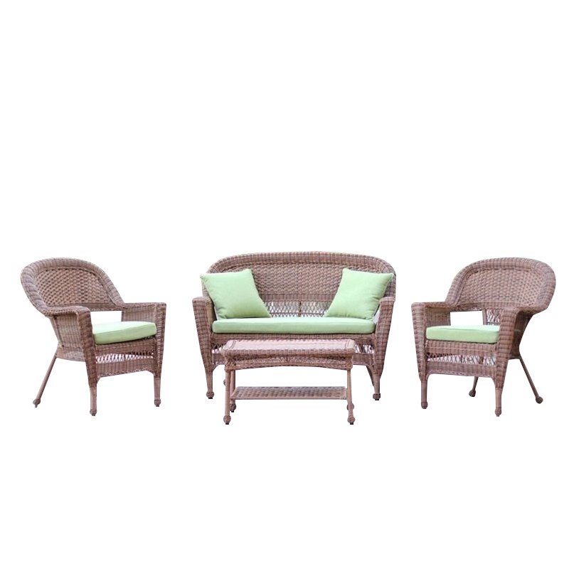 Jeco 4pc Wicker Conversation Set in Honey with Green Cushions