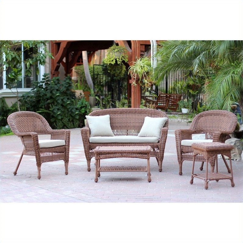 Jeco 5pc Wicker Conversation Set in Honey with Tan Cushions