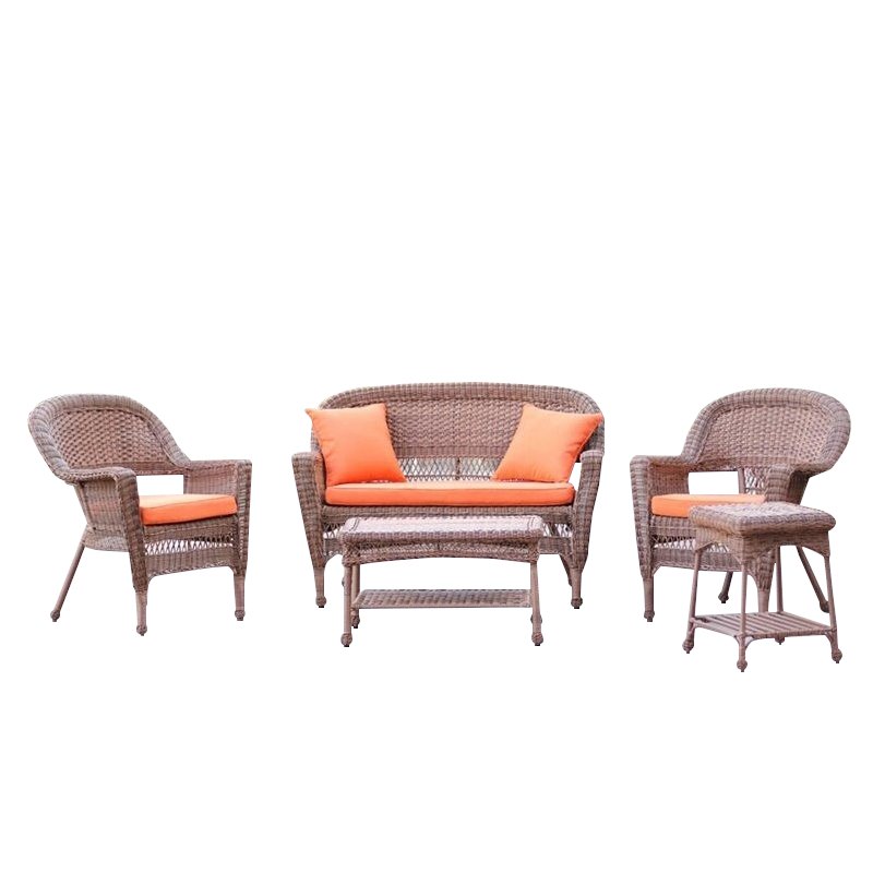 Jeco 5pc Wicker Conversation Set in Honey with Orange Cushions