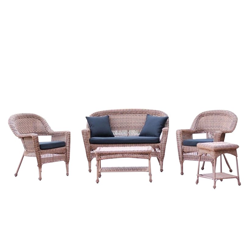 Jeco 5pc Wicker Conversation Set in Honey with Black Cushions