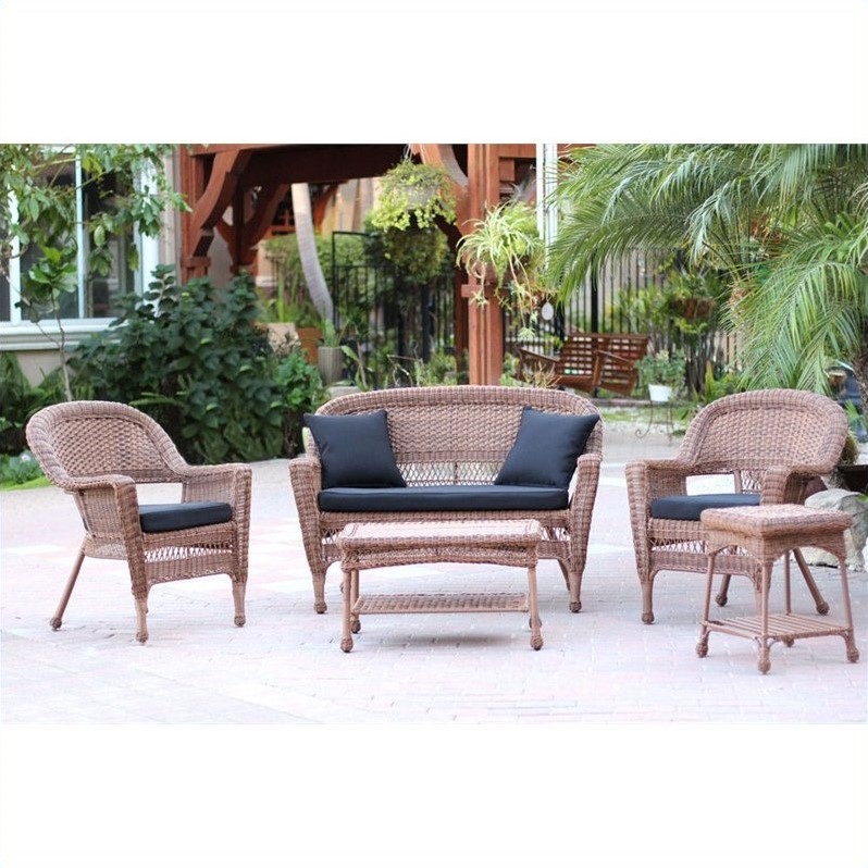 Jeco 5pc Wicker Conversation Set in Honey with Black Cushions