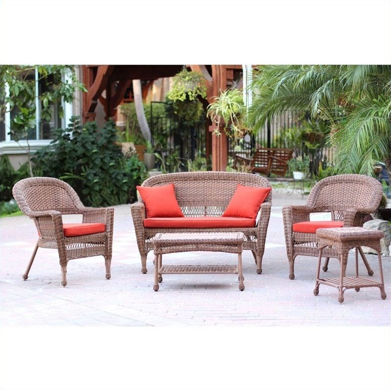 Jeco 5 Piece Resin Wicker Patio Conversation Set in Honey with Brick Red Cushion