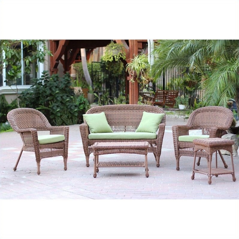 Jeco 5pc Wicker Conversation Set in Honey with Green Cushions