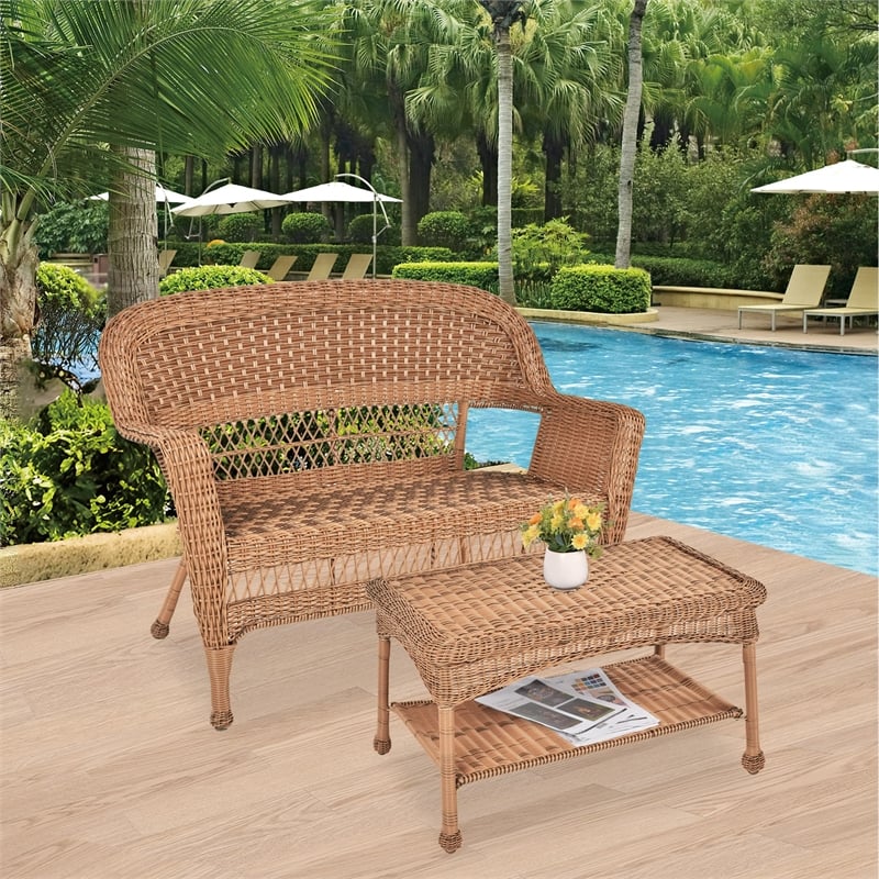 Jeco Wicker Patio Love Seat and Coffee Table Set in Honey without Cushion