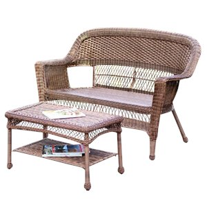 jeco wicker patio love seat and coffee table set in honey