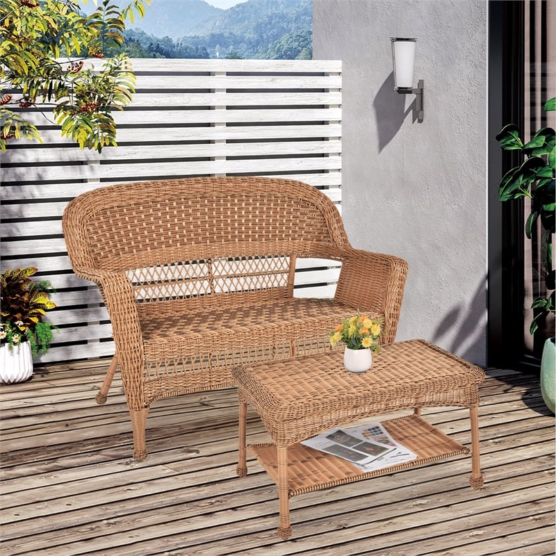Jeco Wicker Patio Love Seat and Coffee Table Set in Honey without Cushion