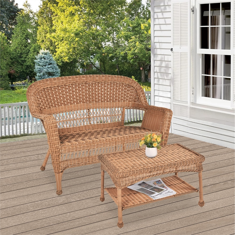Jeco Wicker Patio Love Seat and Coffee Table Set in Honey without Cushion
