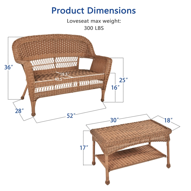 Jeco Wicker Patio Love Seat and Coffee Table Set in Honey without Cushion
