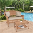 Jeco Wicker Patio Love Seat and Coffee Table Set in Honey with Tan Cushion