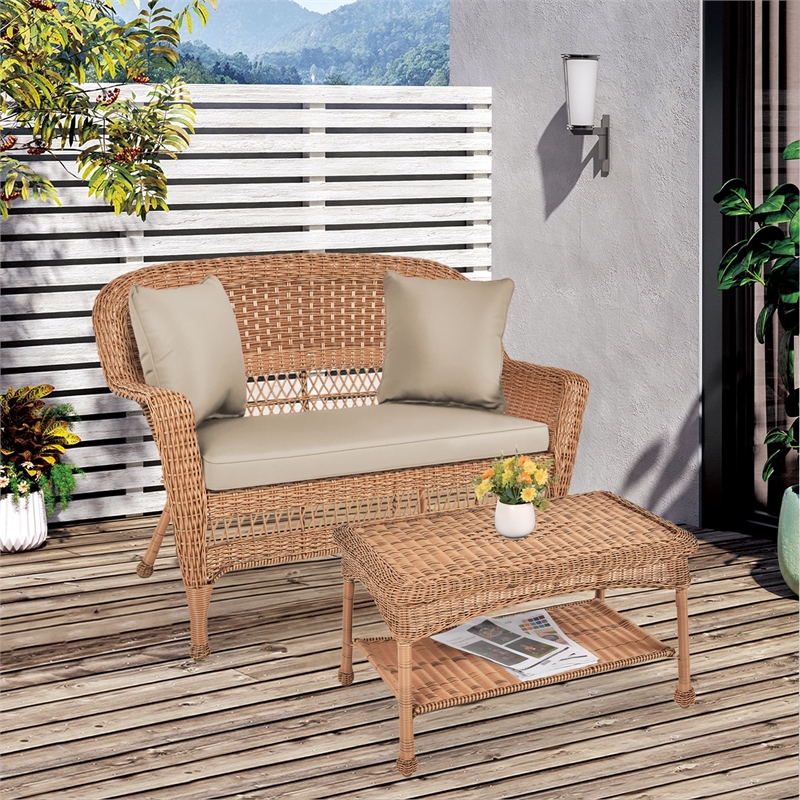Jeco Wicker Patio Love Seat and Coffee Table Set in Honey with Tan Cushion