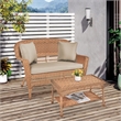 Jeco Wicker Patio Love Seat and Coffee Table Set in Honey with Tan Cushion