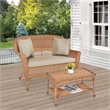 Jeco Wicker Patio Love Seat and Coffee Table Set in Honey with Tan Cushion