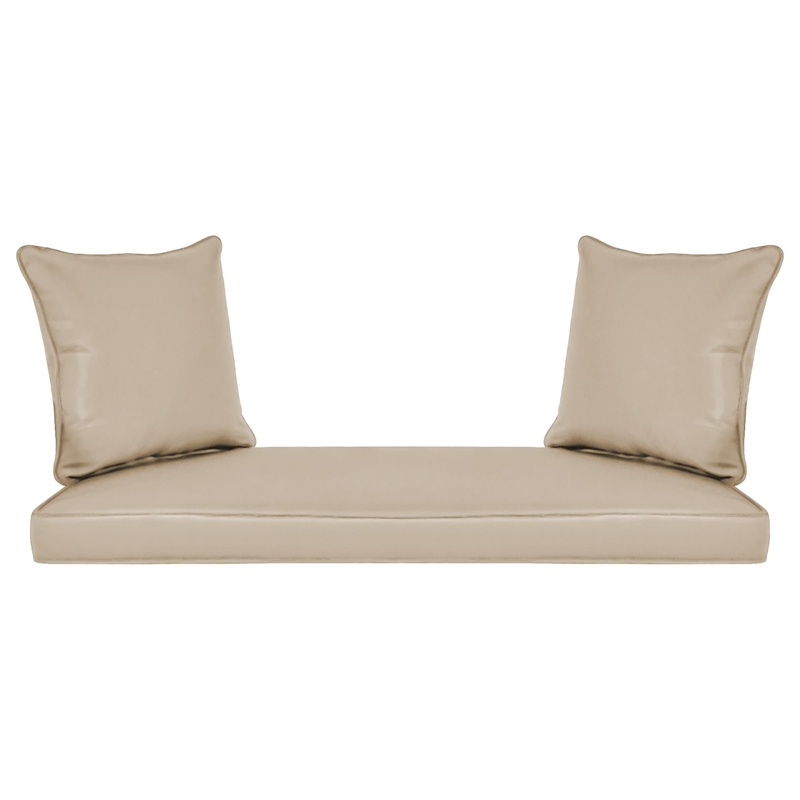 Jeco Wicker Patio Love Seat and Coffee Table Set in Honey with Tan Cushion