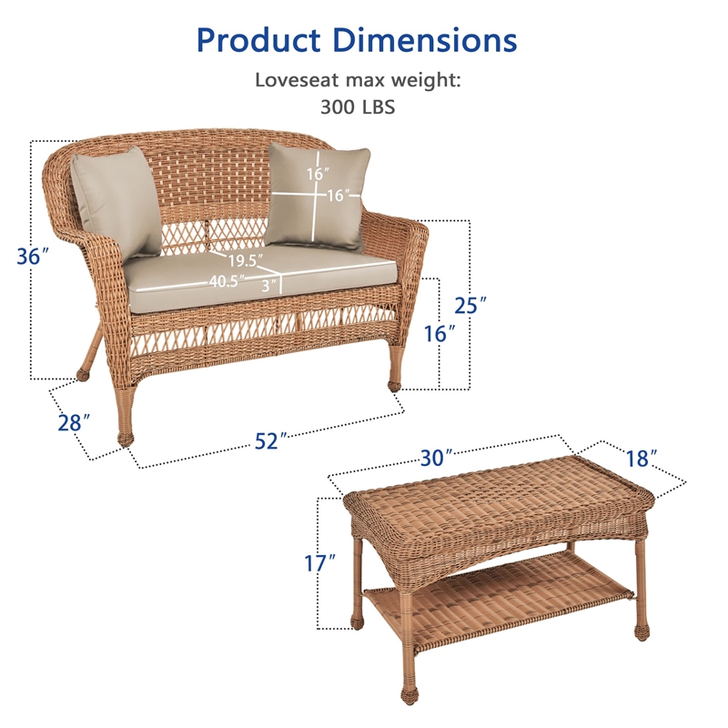 Jeco Wicker Patio Love Seat and Coffee Table Set in Honey with Tan Cushion
