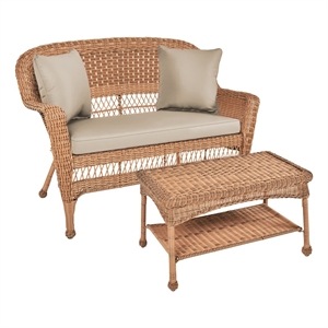 Jeco Wicker Patio Love Seat and Coffee Table Set in Honey with Tan Cushion